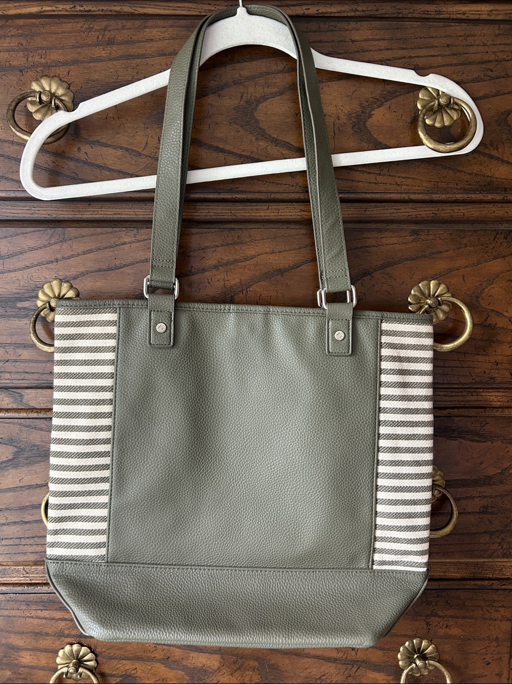 Olive Green Striped Panel Tote Bag, Jewell by thirty-one Bags